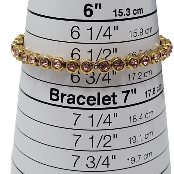 Vintage Signed Avon Pink Rhinestone Gold Tone Circle Box Chain Tennis Bracelet - Picture 3 of 11